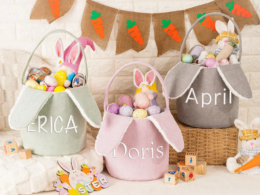 Embroidered Easter Bunny Basket,Personalized Corduroy Easter Basket,Kids Bunny Basket with Name,Easter Egg Hunt Basket,Easter Gift for Kid
