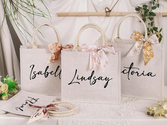 Custom Bridesmaid Bag with Name Scarf,Monogram Beach Tote Bag,Bridesmaid Tote Bags,Jute Beach Tote,Bachelorette Party,Valentine’s Day gift