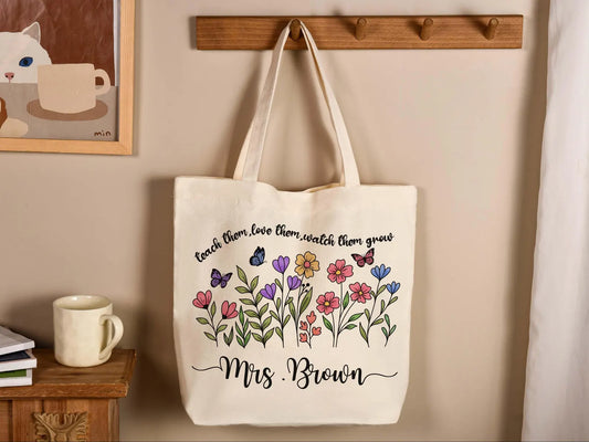 Personalized Teacher Tote Bag, Teacher Appreciation Gift, Custom Teacher Gift Bag, Flower Teacher Canvas Tote Bag, Back to School Tote